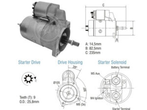 Motor De Partida Bosch 12 Volt 9 Dientes 0.95Kw Bm030 Santana Passat Parati Zm8010604 Anclaje 75X75X105Mm Trompa 82Mm Piñón 25Mm