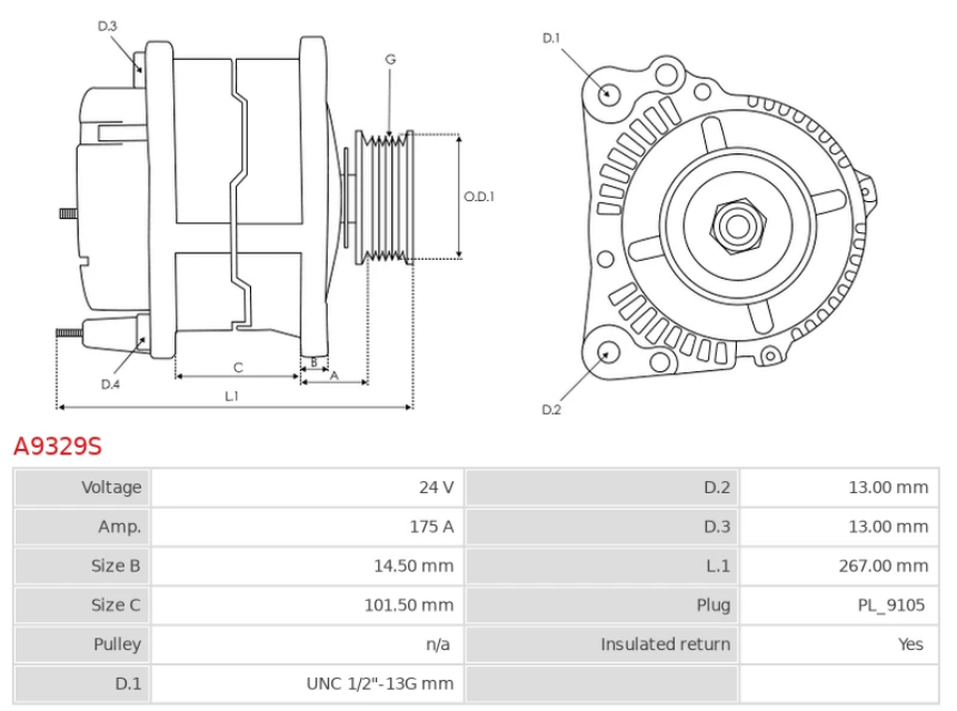 Alternador Prestolite 24 Volt 175 Amp Conexión D+-W - Imagen 3